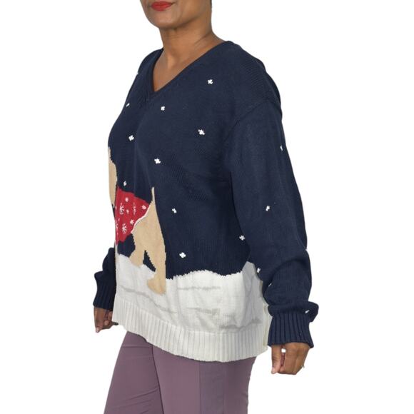 Liz Claiborne Christmas Sweater Blue Vintage Dog Scottie Snow Holiday Festive XL - Picture 6 of 14